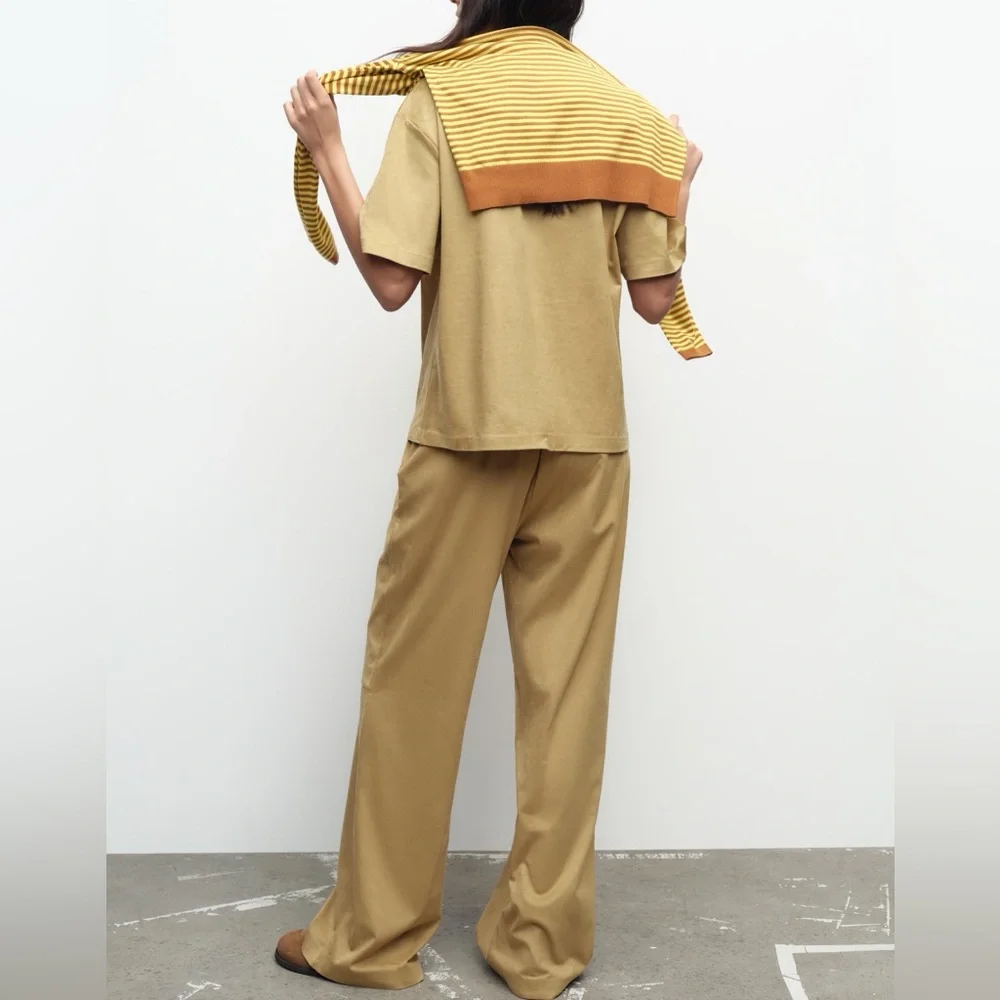 Zara NWT 2 piece matching SET tan faux suede tee shirt & wide leg pants